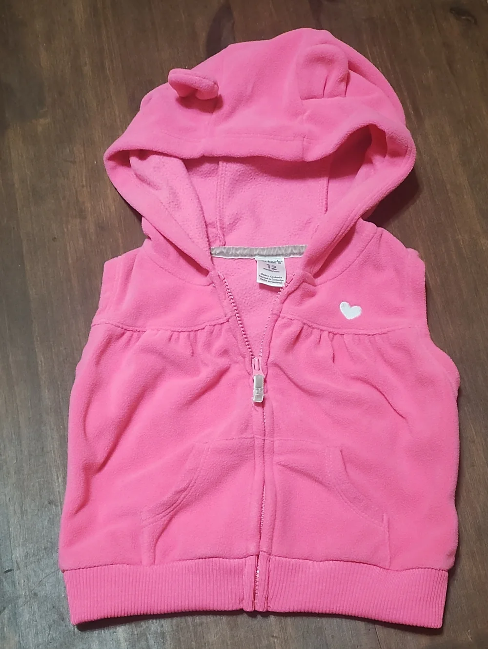 Carter's Bright Pink Hooded Sleeveless Zip Vest with Heart